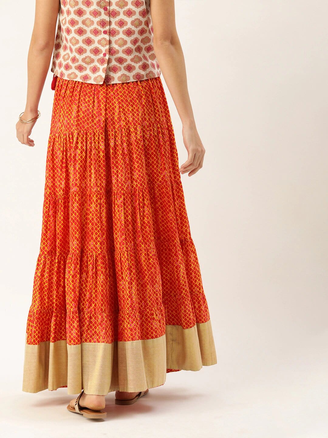 Women's Rust Orange & Mustard Yellow Dyed Tiered Flared Maxi Pure Cotton Skirt - Varanga