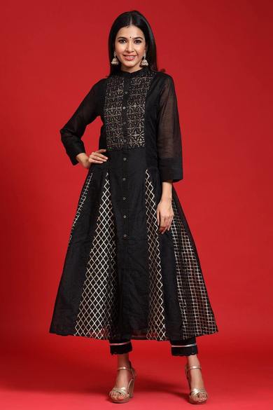 Black Chanderi Embellished Layered Anarkali Kurta - Juniper