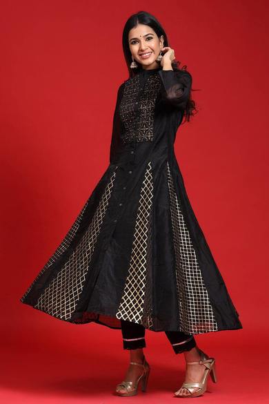Black Chanderi Embellished Layered Anarkali Kurta - Juniper