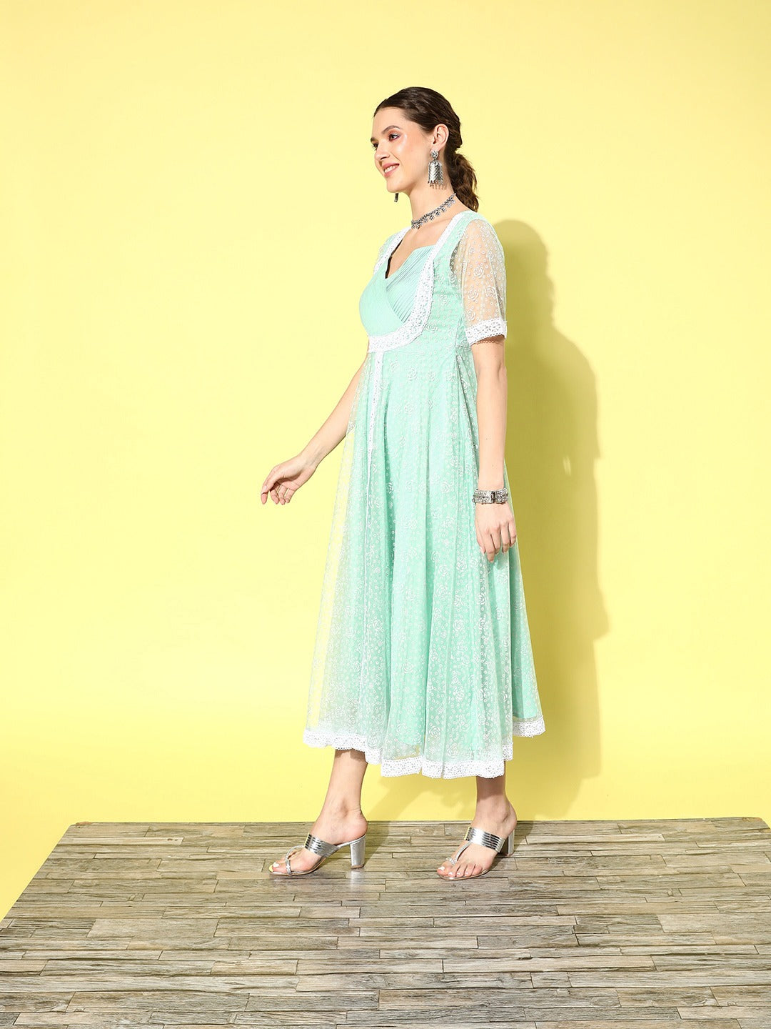 Women's Sea Green Rubber Print Net A Line Dress - Yufta