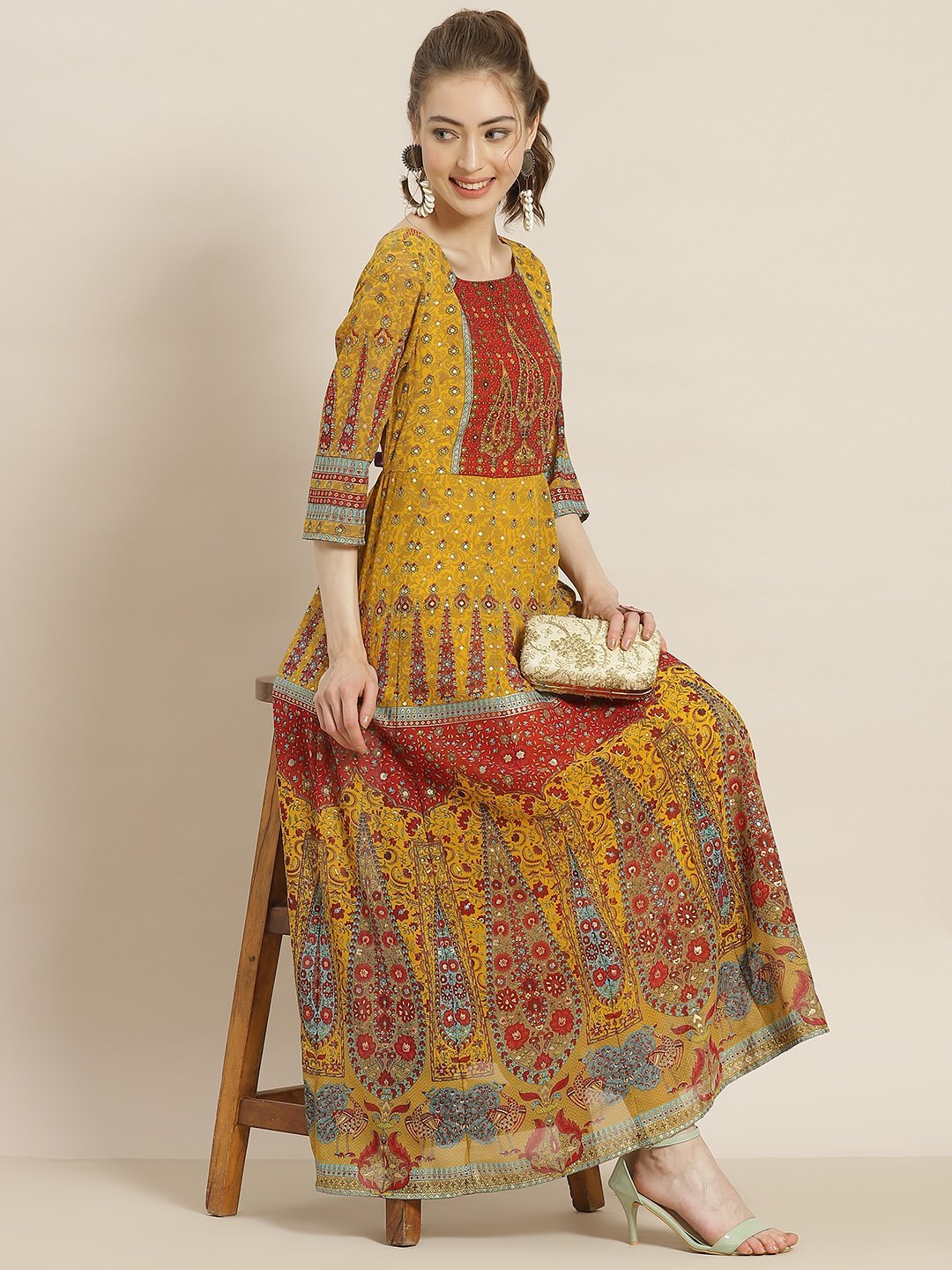 Women's Mustard Georgette Printed Anarkali Dress - Juniper