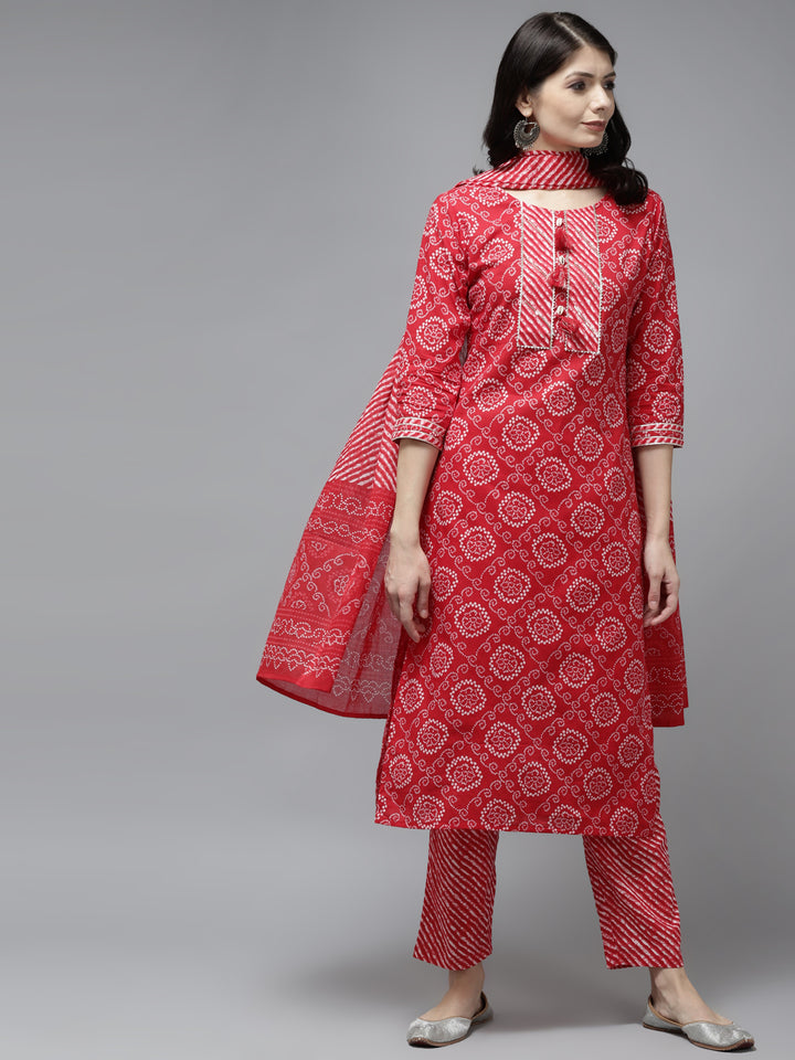 Women's Red Bandhani Print Thared Work Cotton Kurta With Trouser & Dupatta