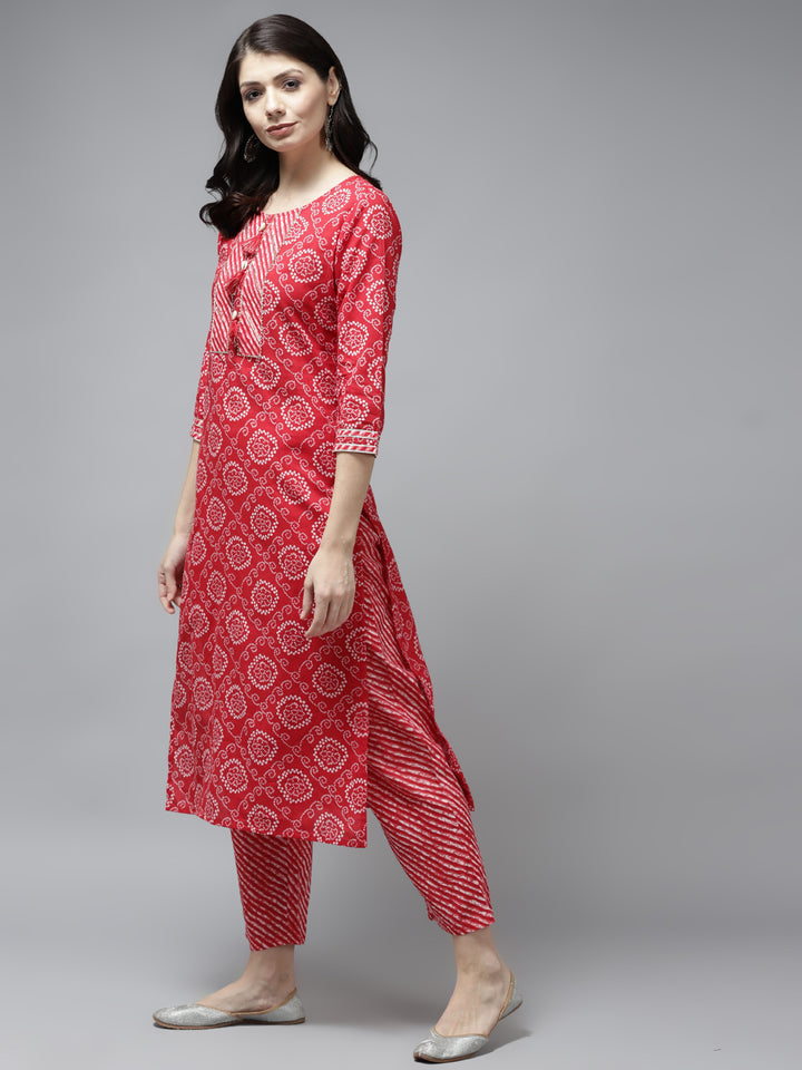 Women's Red Bandhani Print Thared Work Cotton Kurta With Trouser & Dupatta