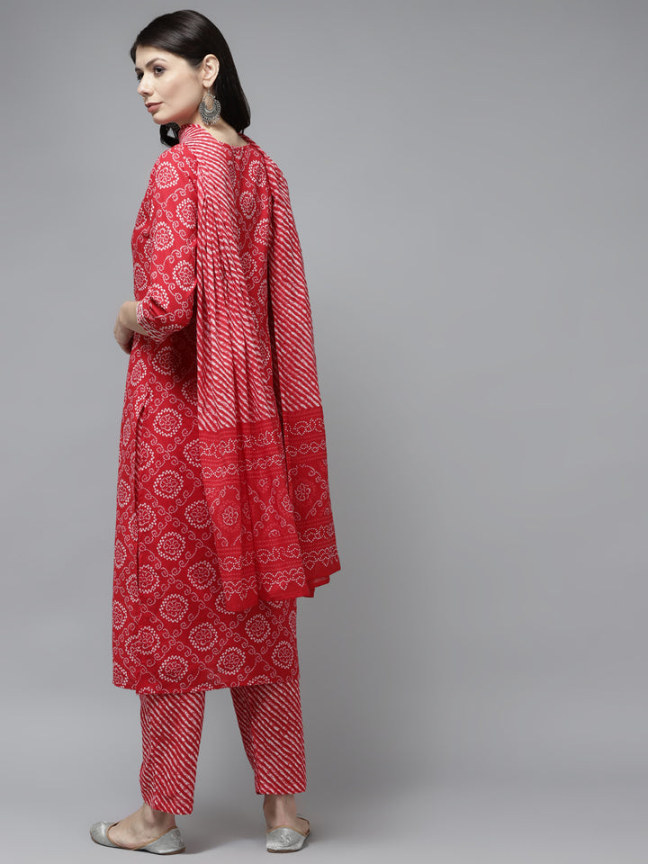 Women's Red Bandhani Print Thared Work Cotton Kurta With Trouser & Dupatta