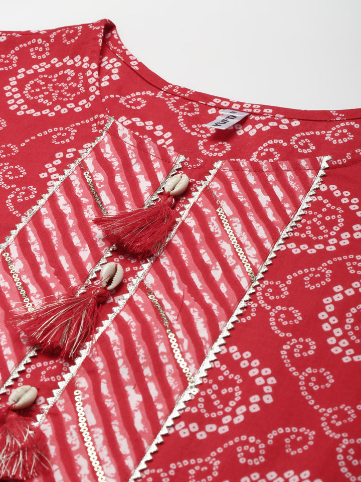 Women's Red Bandhani Print Thared Work Cotton Kurta With Trouser & Dupatta