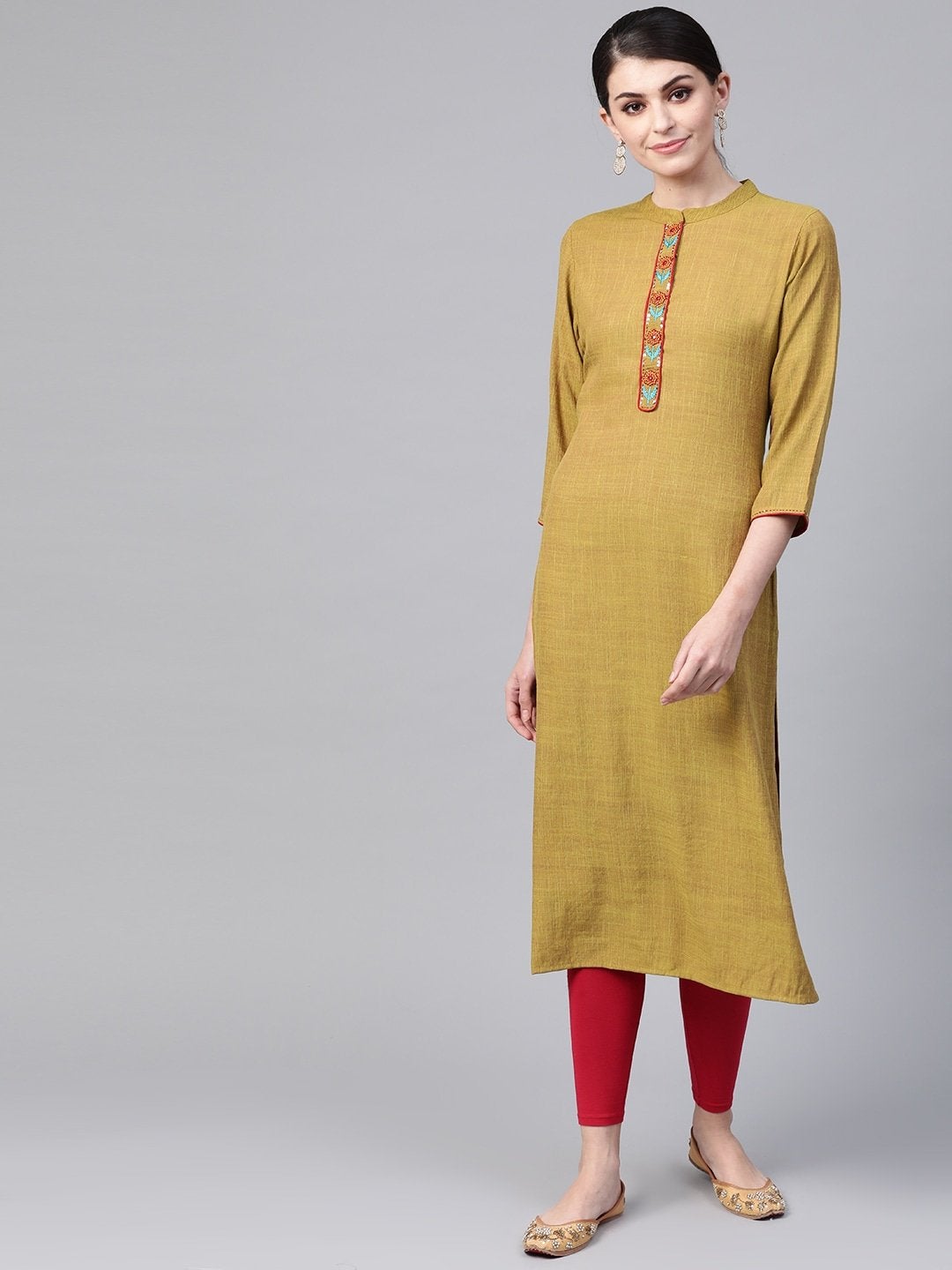 Women's Green & Maroon Woven Design Straight Kurta - Meeranshi