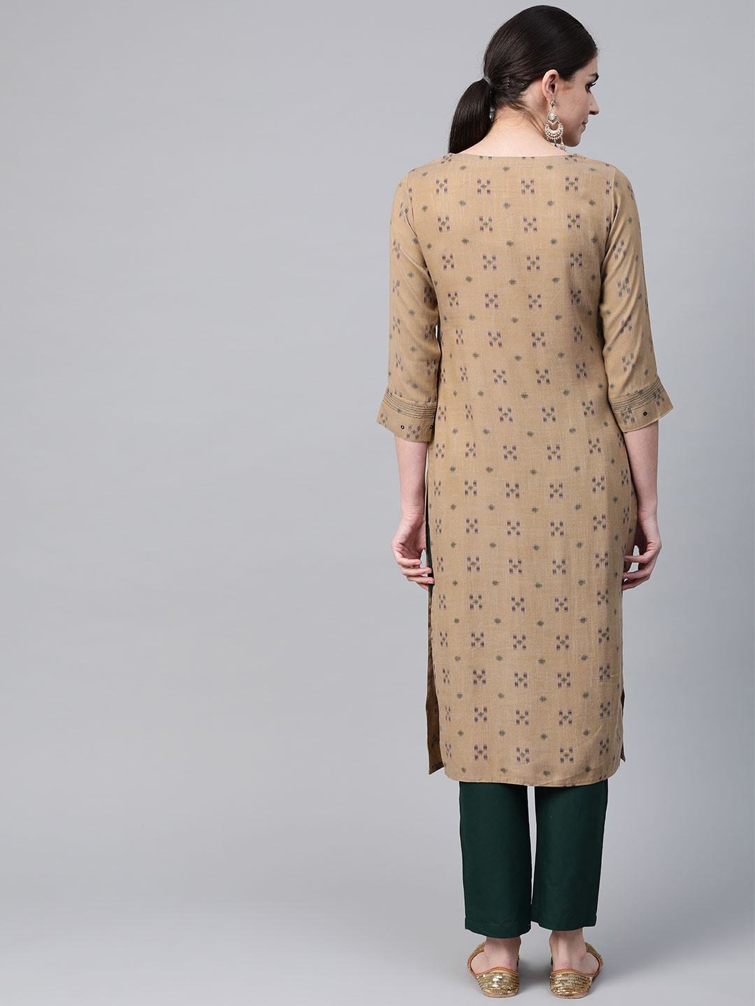Women's Beige & Green Woven Design Kurta with Trousers - Meeranshi