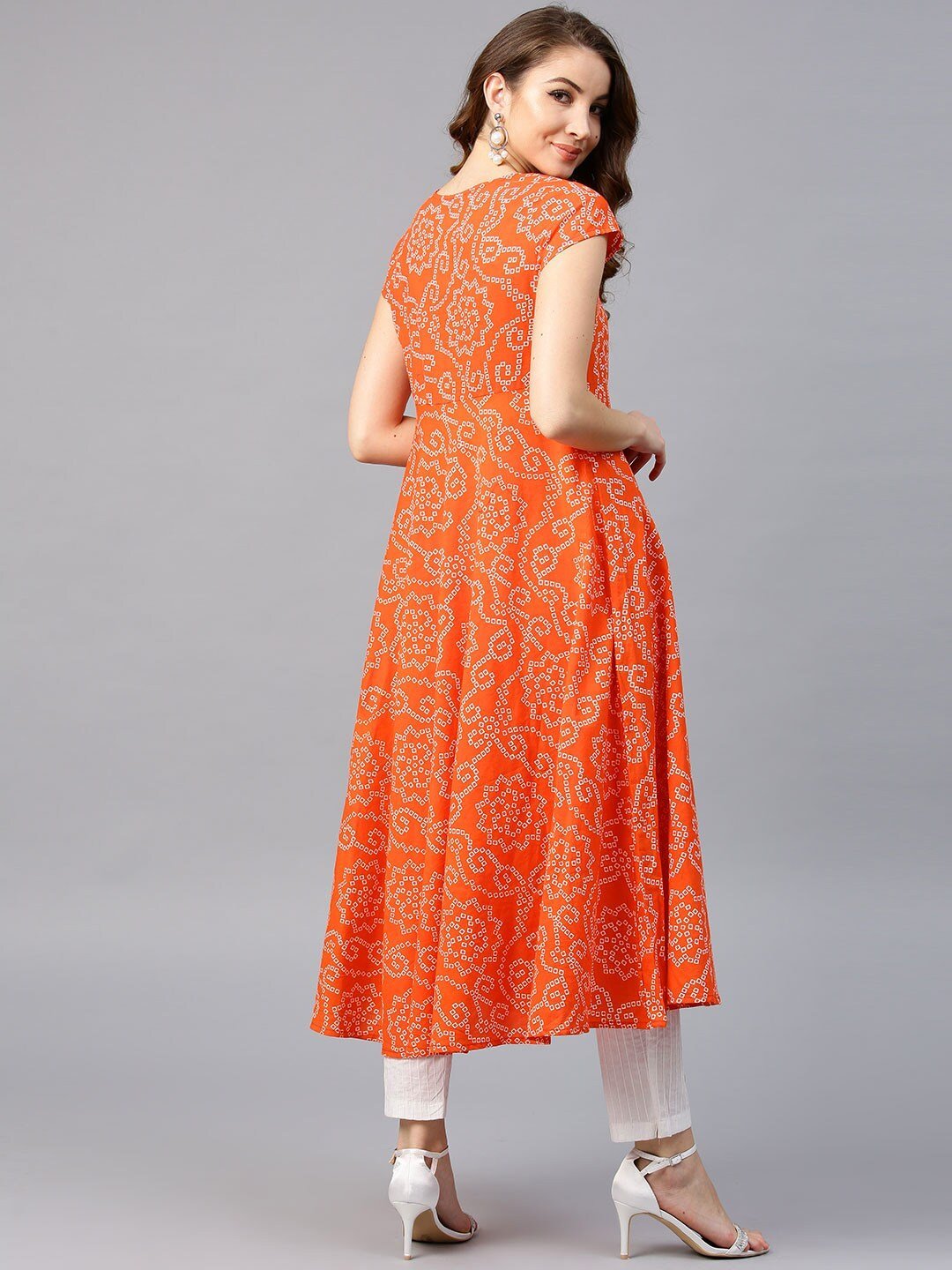 Women's  Orange & White Printed Anarkali Kurta - AKS