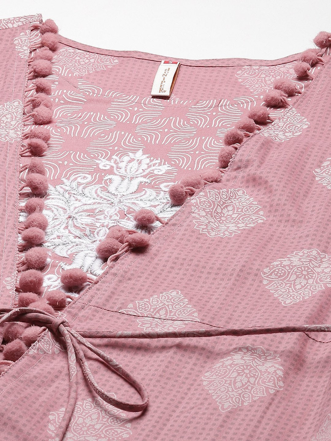 Women's Powderpink Cambric Printed Jacket Style Kurta with Tie-up Dori & Tassels - Juniper