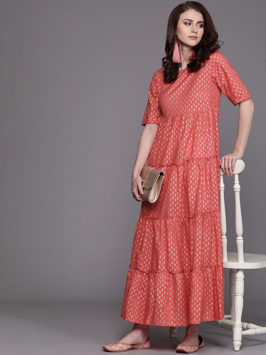 Women's  Pink & Golden Printed Tiered Maxi Dress - AKS