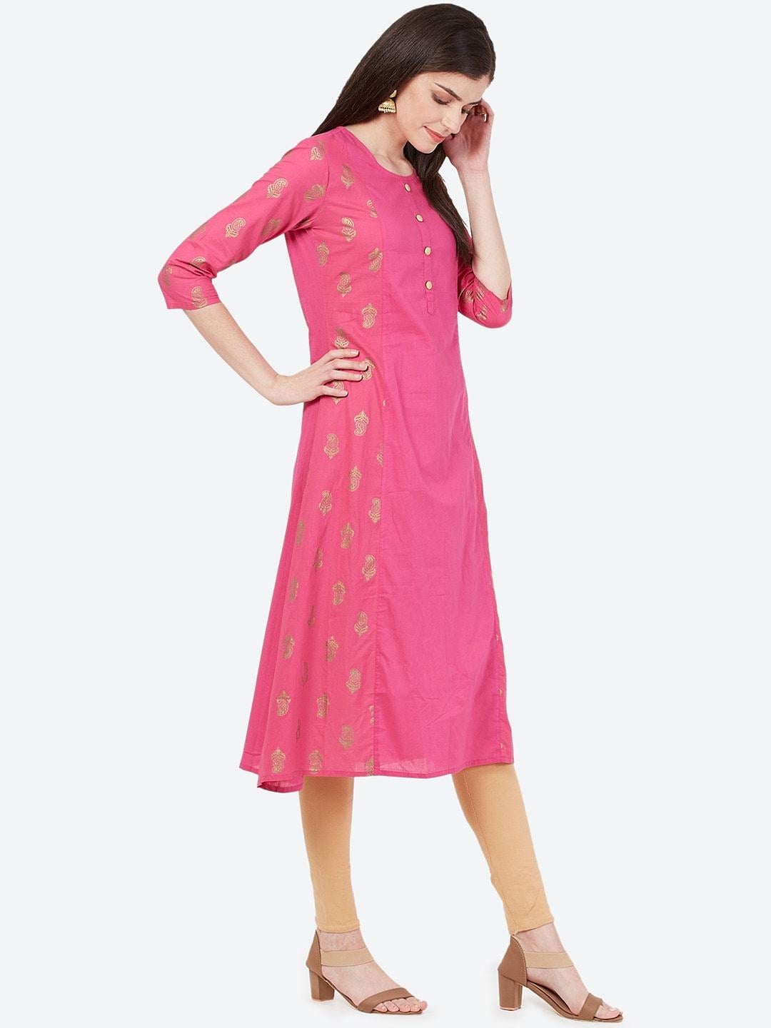 Women's Pink & Gold-Coloured Printed A-Line Kurta - Meeranshi