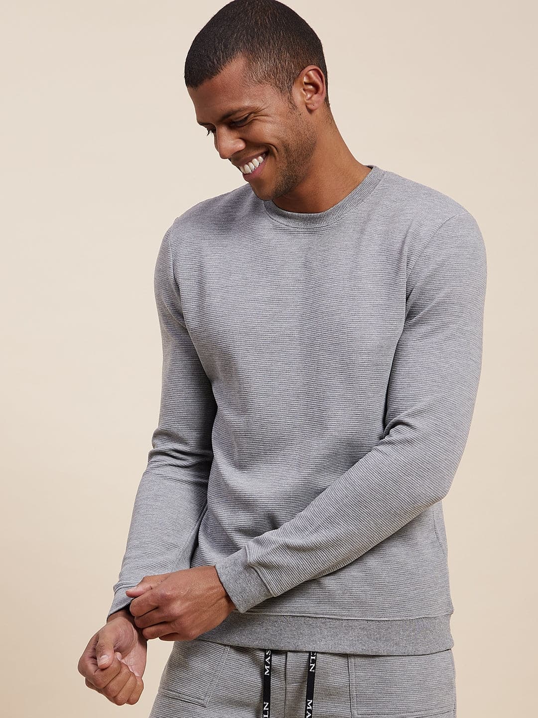 Men's Grey Melange Self Stripes Regular Fit Sweatshirt - LYUSH-MASCLN