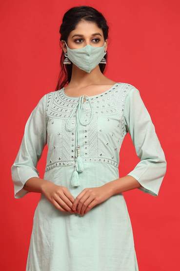 Sagegreen Cotton Mirror Work Layered Kurta Dress With Mask - Juniper
