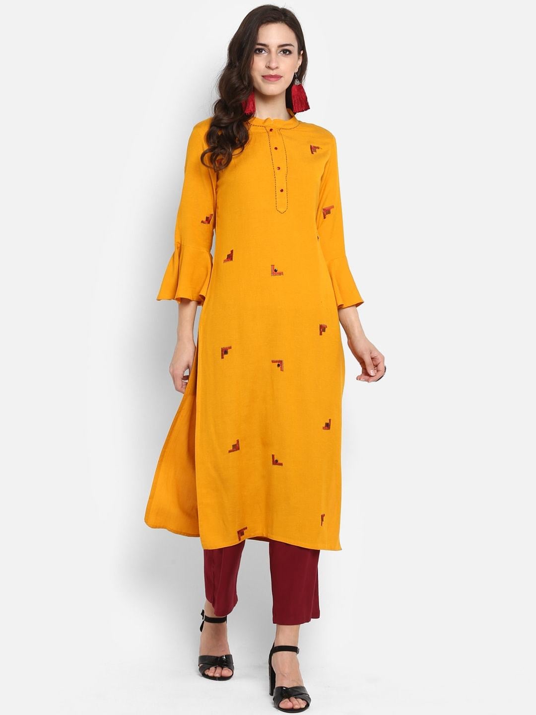 Women's Mustard Yellow Embroidered Straight Kurta - Meeranshi