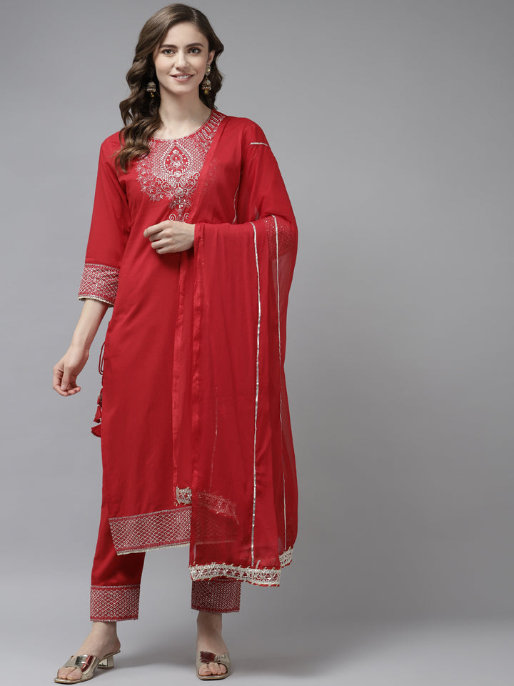 Women's Red Embroidery Work Kurta With Trousers And Dupatta Set