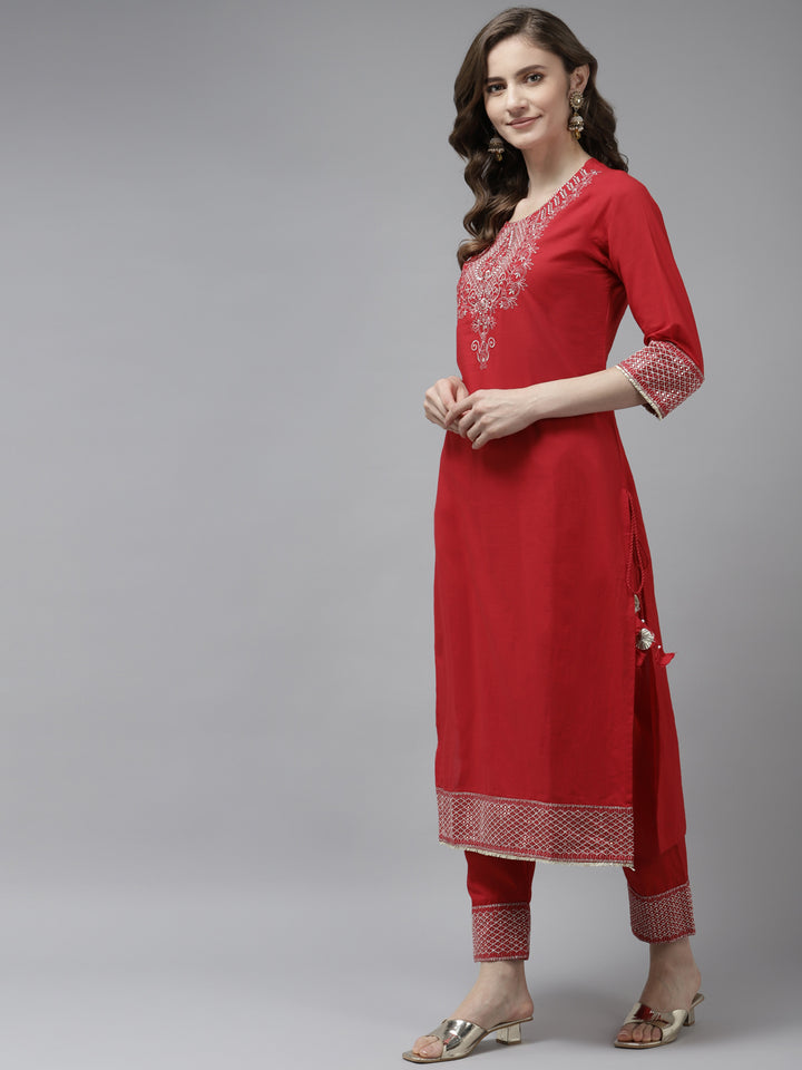 Women's Red Embroidery Work Kurta With Trousers And Dupatta Set