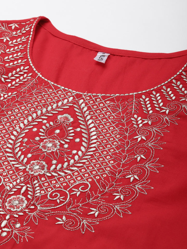 Women's Red Embroidery Work Kurta With Trousers And Dupatta Set