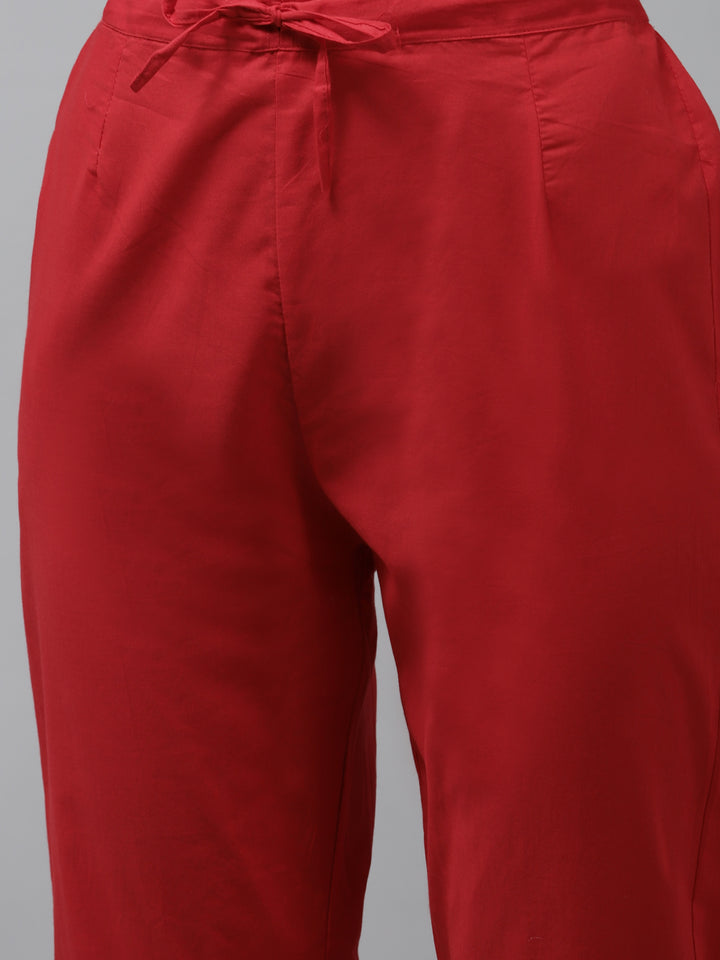 Women's Red Embroidery Work Kurta With Trousers And Dupatta Set