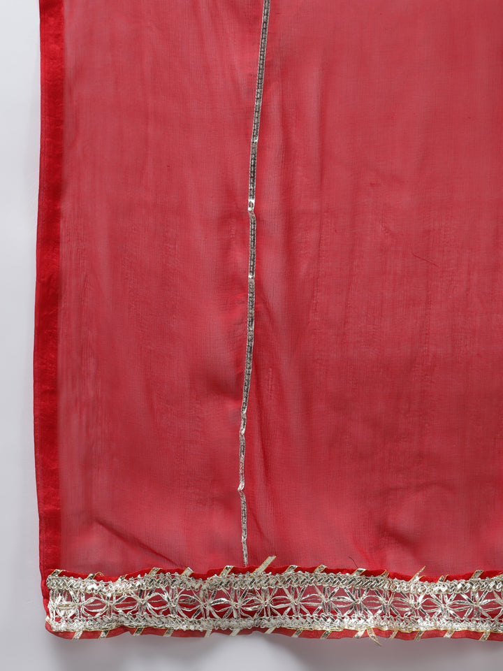 Women's Red Embroidery Work Kurta With Trousers And Dupatta Set