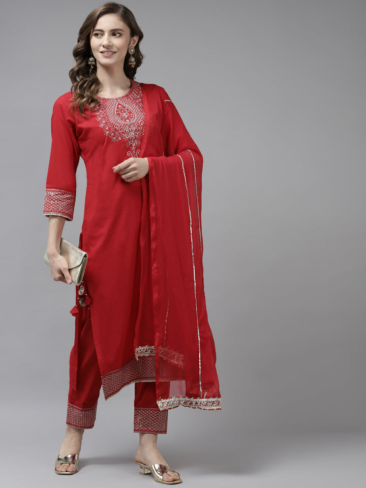 Women's Red Embroidery Work Kurta With Trousers And Dupatta Set