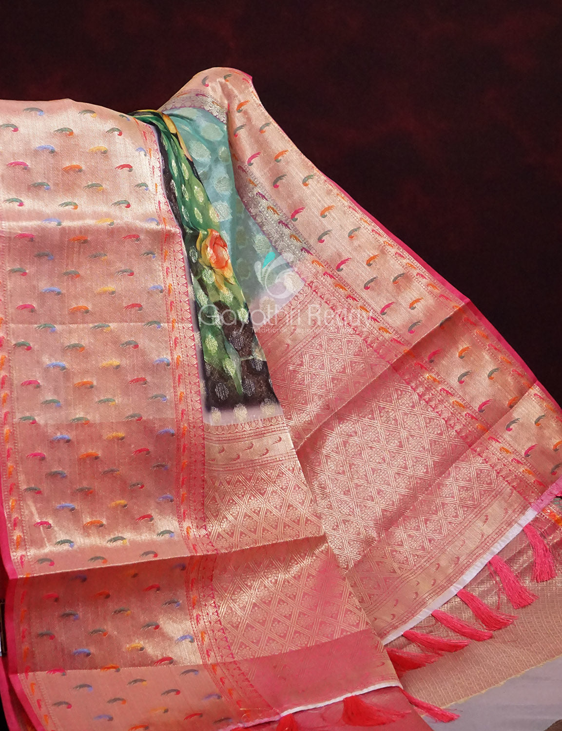 Women's Blue And Pink Banaras Semi Silk Saree - Gayathri Sarees