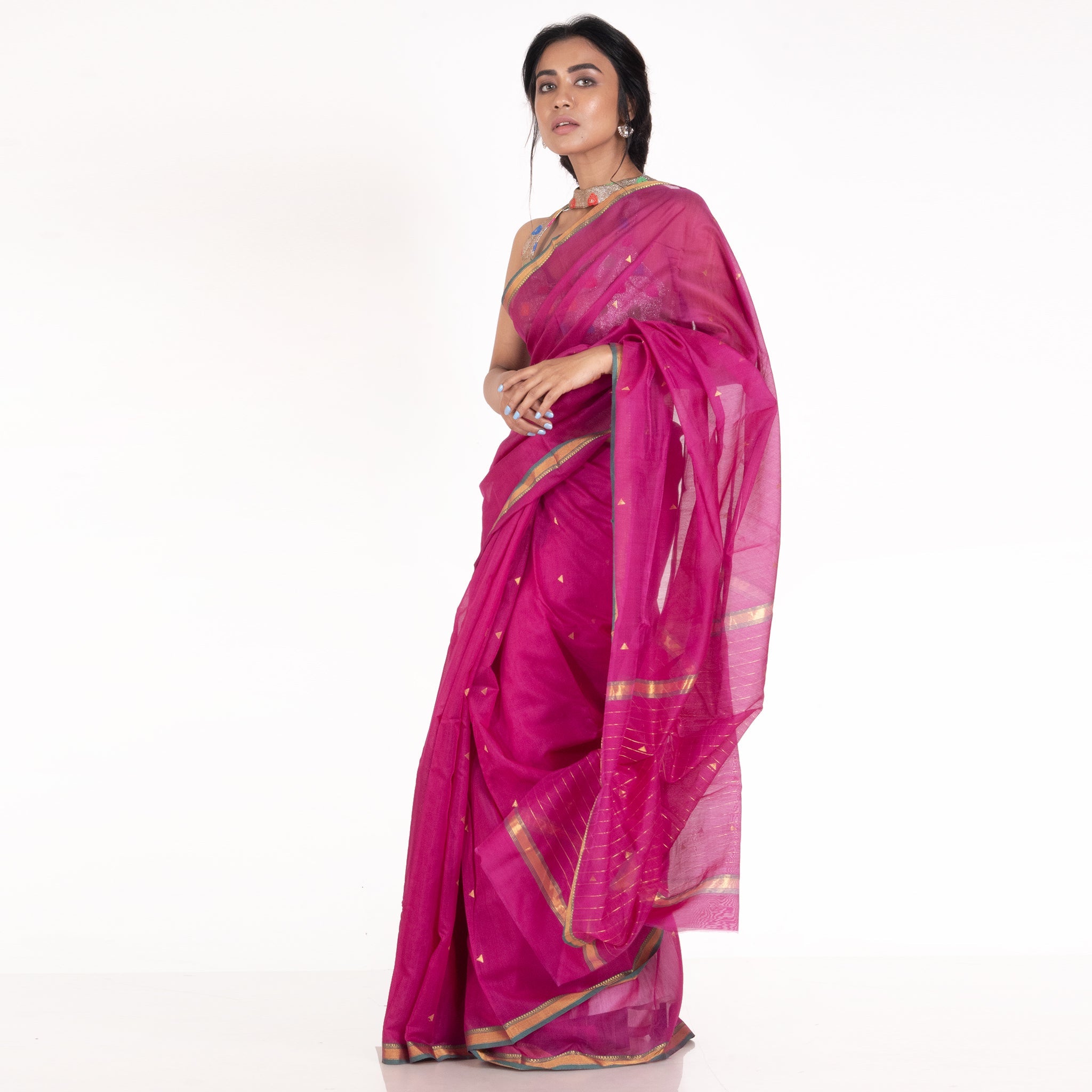 Women's Pink Pure Chanderi Silk Saree With Golden Border And  Booti - Boveee