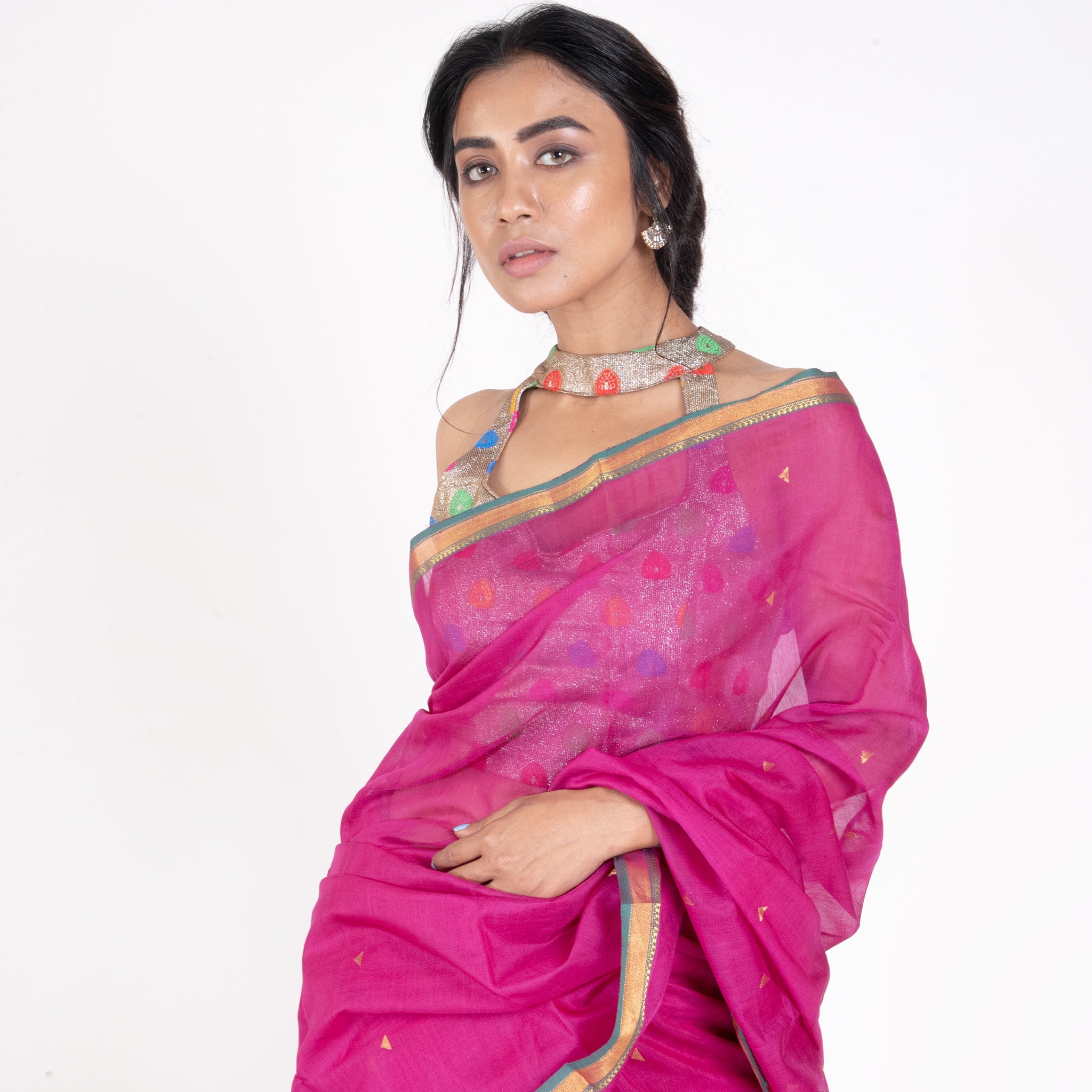 Women's Pink Pure Chanderi Silk Saree With Golden Border And  Booti - Boveee