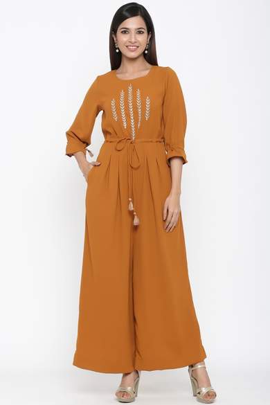 Brown Polymoss Embroidered Ethnic Jumpsuit - Juniper