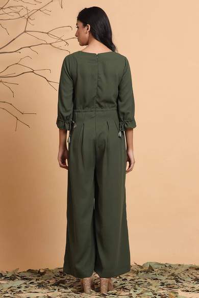 Olive Polymoss Embroidered Ethnic Jumpsuit - Juniper