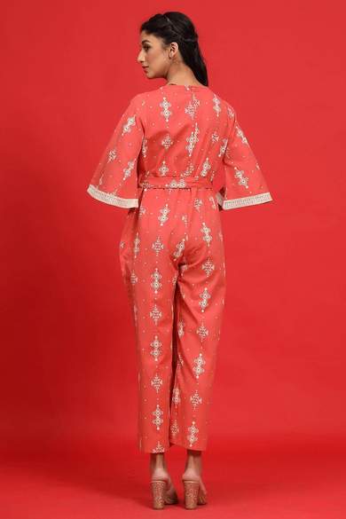 Peach Cotton Flex Printed Ethnic Jumpsuit - Juniper
