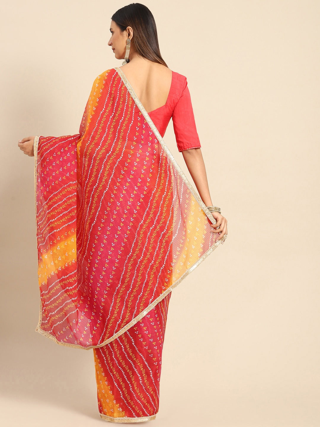 Women's Red Printed Unstitched Blouse Sarees - Yufta