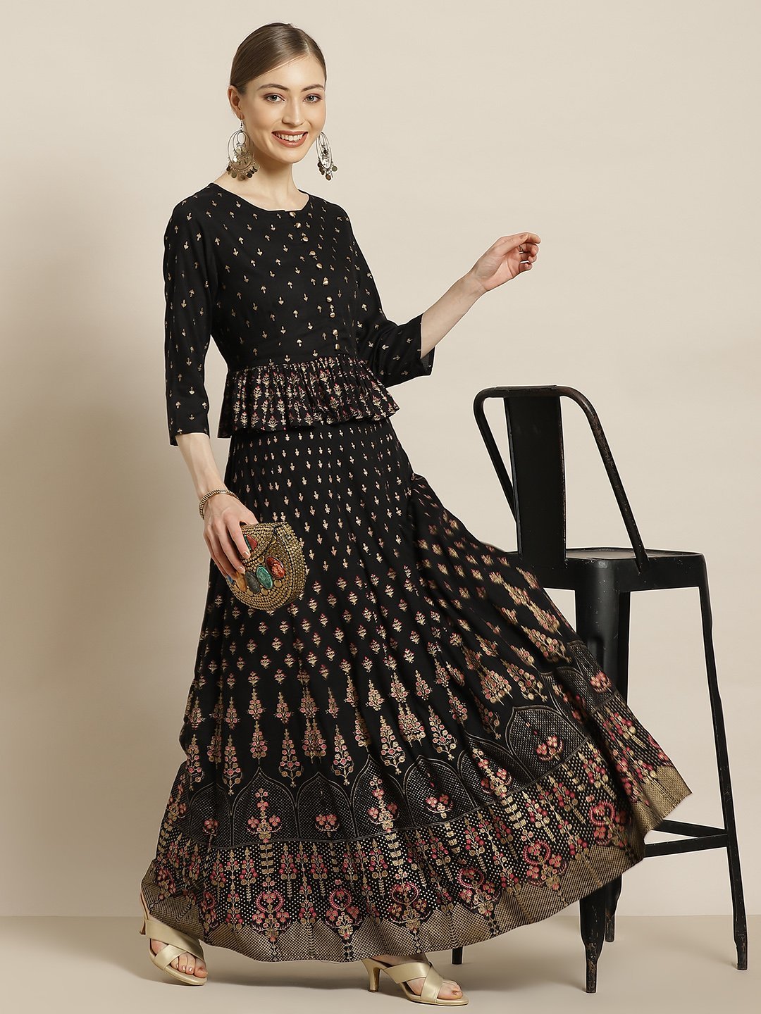 Women's Black Rayon & Cambric Printed Peplum Lehenga Choli Sets - Juniper