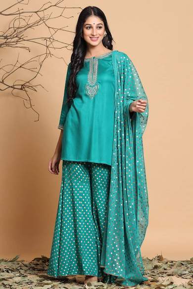 Green Rayon Embellished Straight Kurta Sharara & Dupatta Set - Juniper