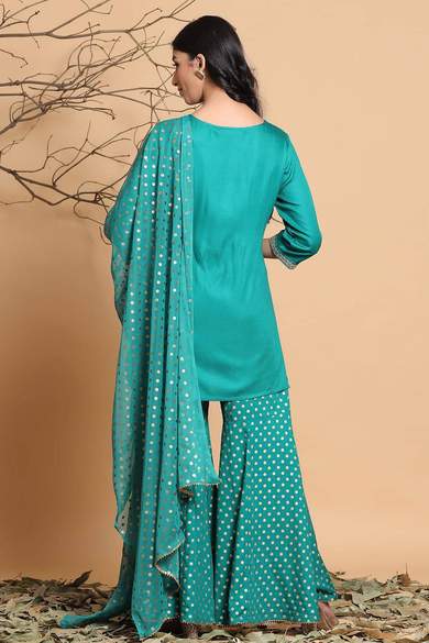 Green Rayon Embellished Straight Kurta Sharara & Dupatta Set - Juniper