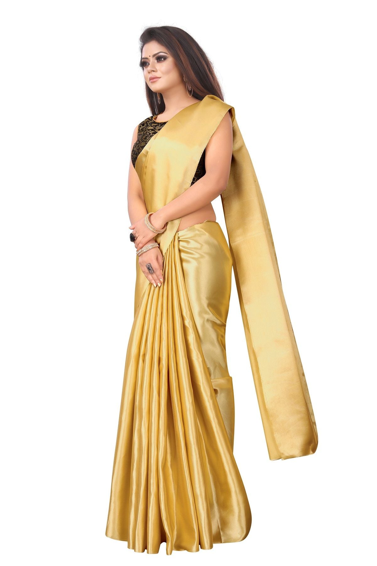 Women's Golden Satin Designer Saree - Vamika