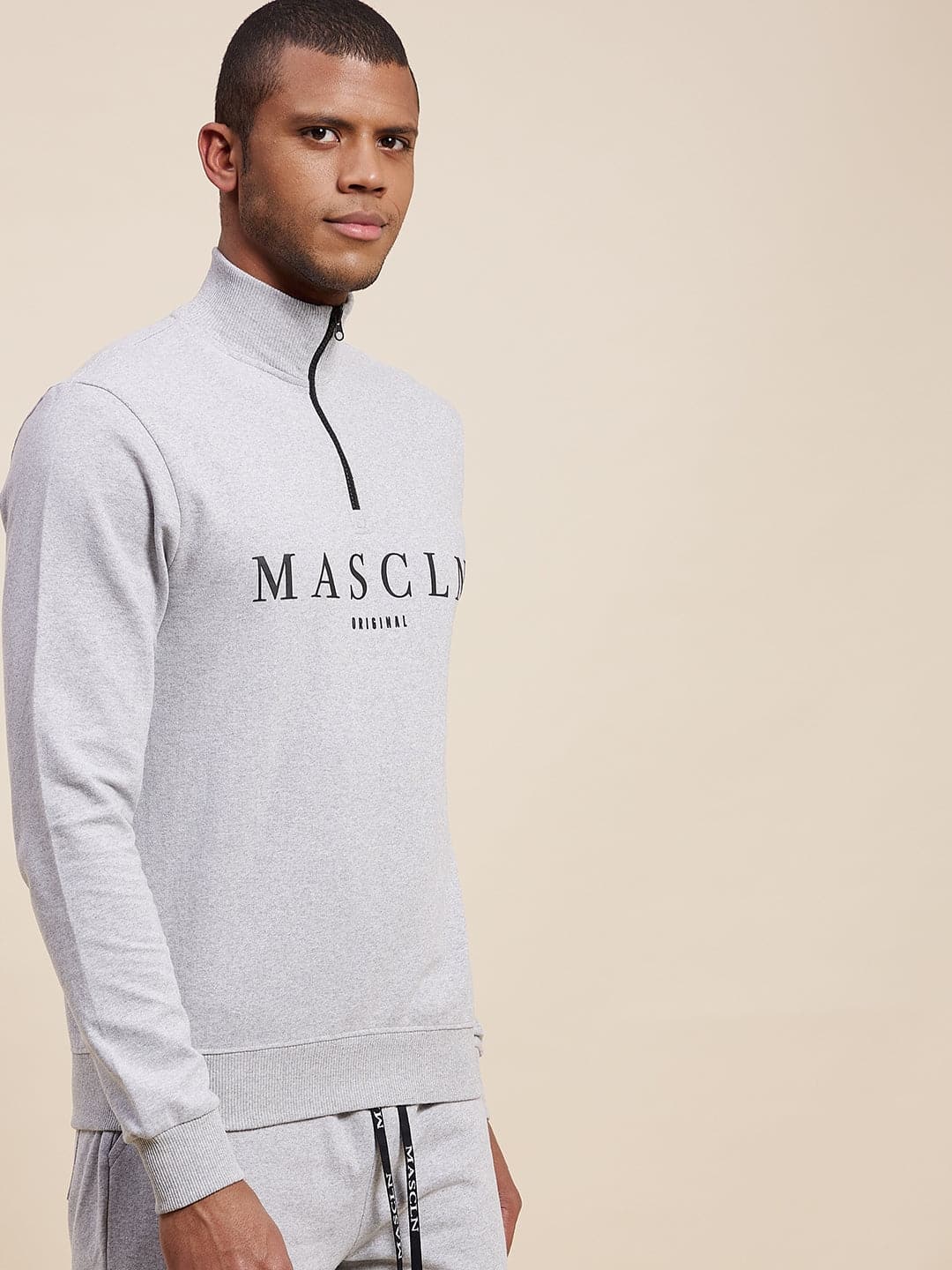 Men's Grey High Neck Half Zipper MASCLN Sweatshirt - LYUSH-MASCLN