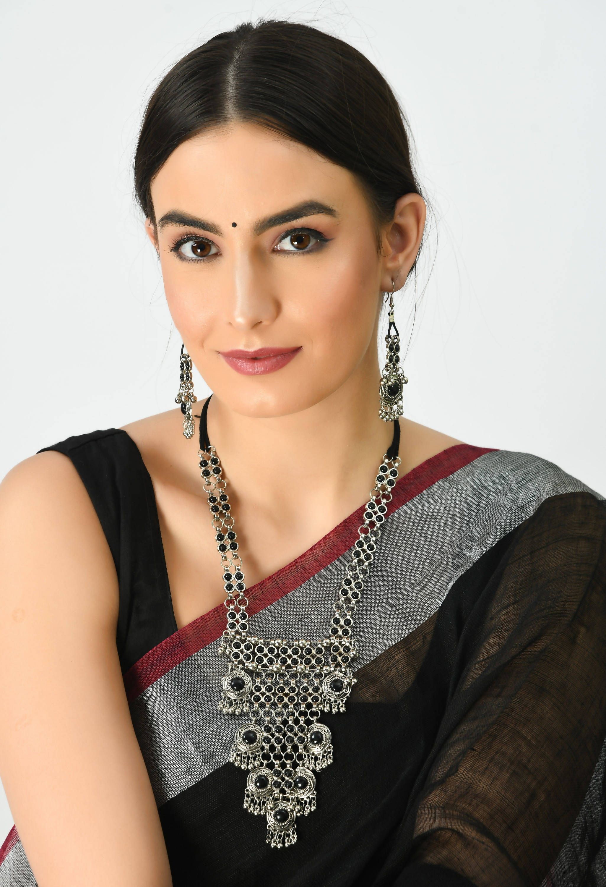 Kamal Johar Silver-Plated Black Color Kundan Necklace with Earrings Jkms_095