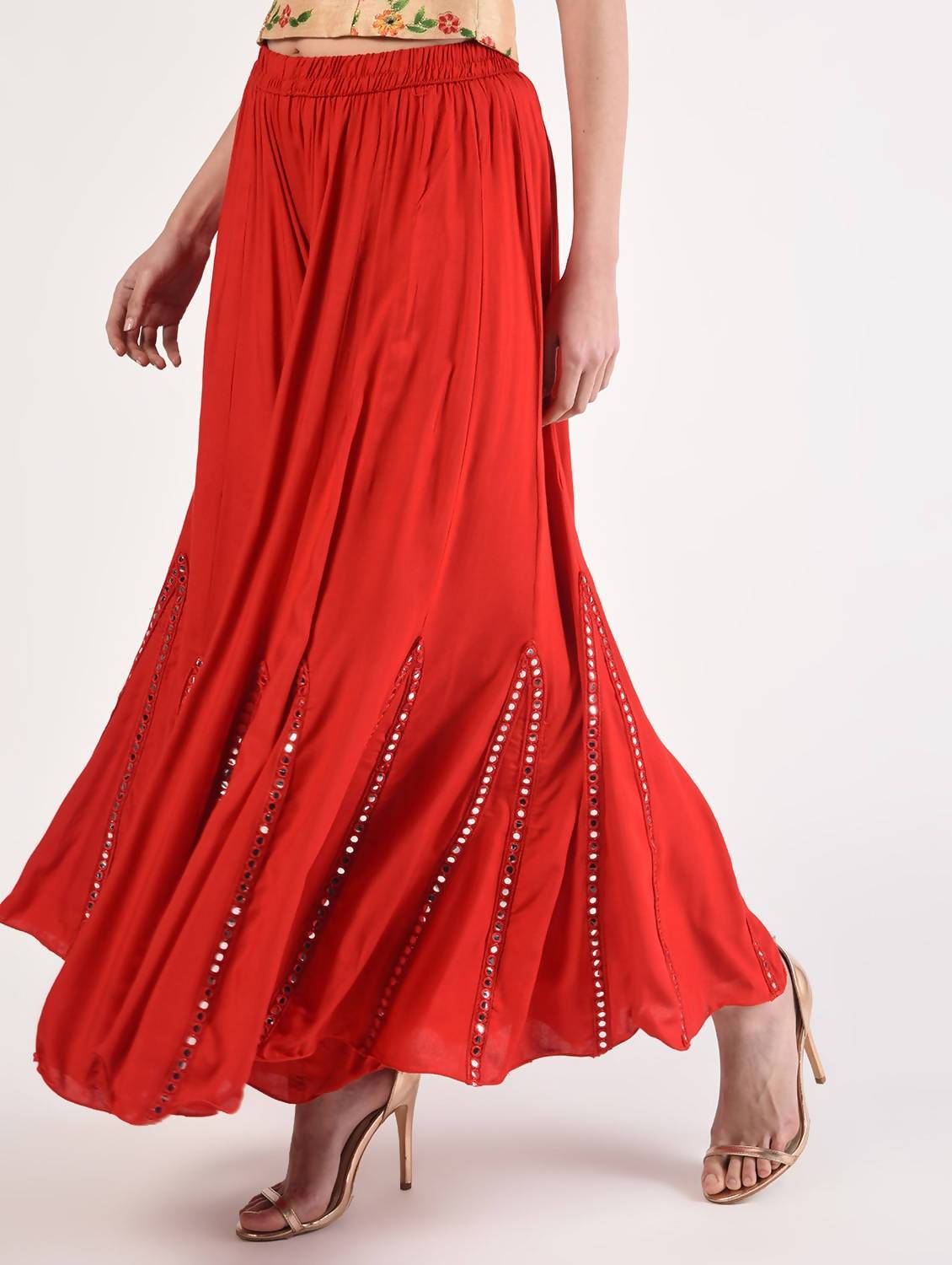 Women's Free Size Red Viscose Rayon Flared Palazzo With Mirror Lace Work - Cheera