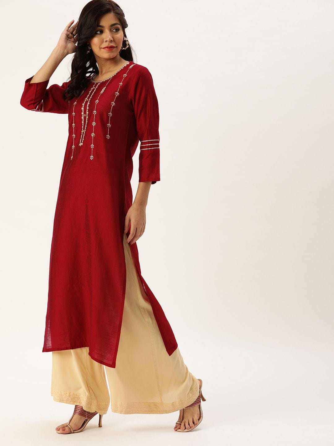Women's Red & Silver-Toned Embroidered Straight Kurta - Varanga