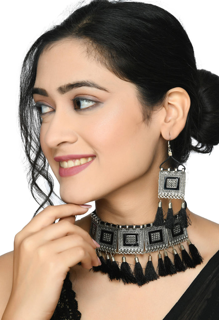 Kamal Johar Choker Necklace Set silver color base with Black yarn d