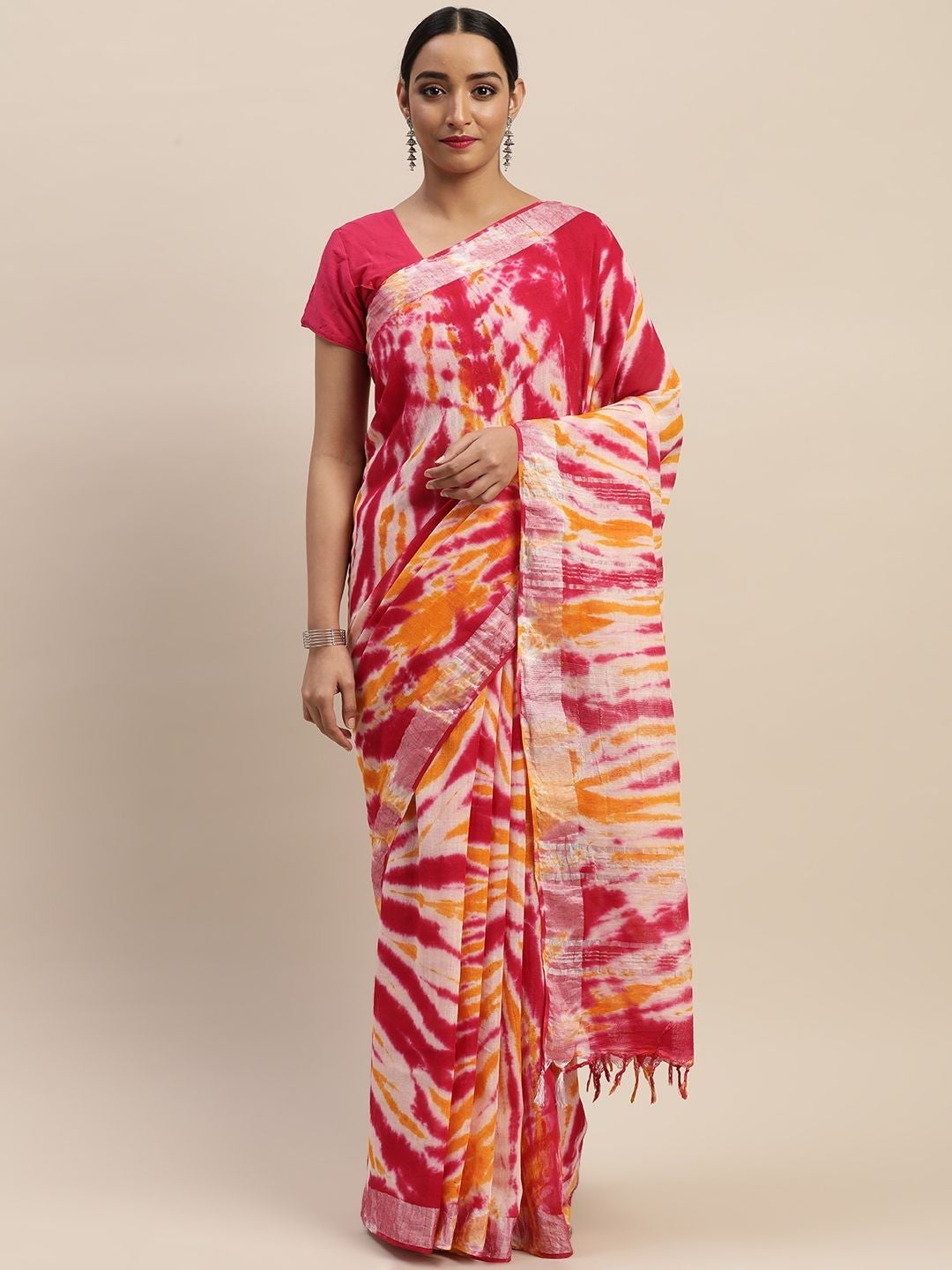 Women's Handloom Cotton Linen Slub Shibori Print Saree - Olive Mist