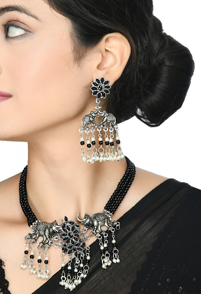 Trendia Silver-Plated Black Kundan Elephant design Necklac