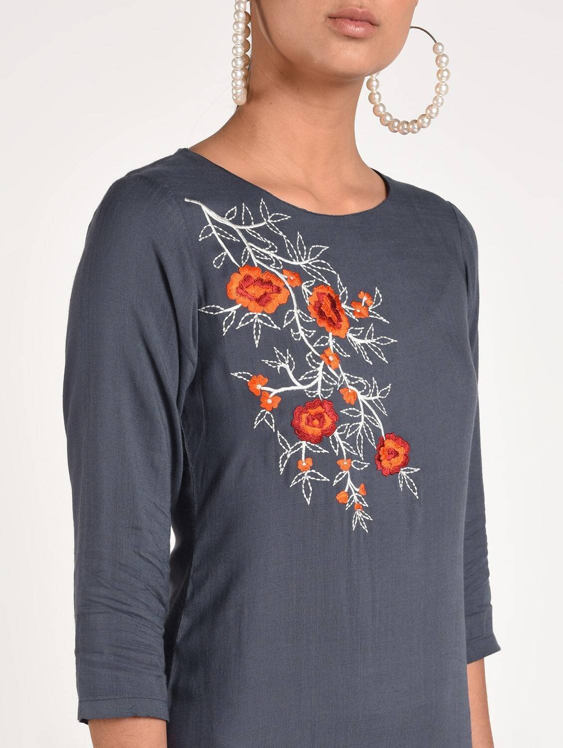 Women's Grey Rayon Straight Kurta Only With Beautiful Embroidery Patch - Cheera