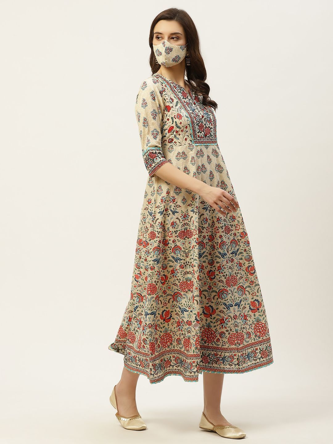 Women's Printed Flared Dress & Dupatta Set with Mask - Juniper