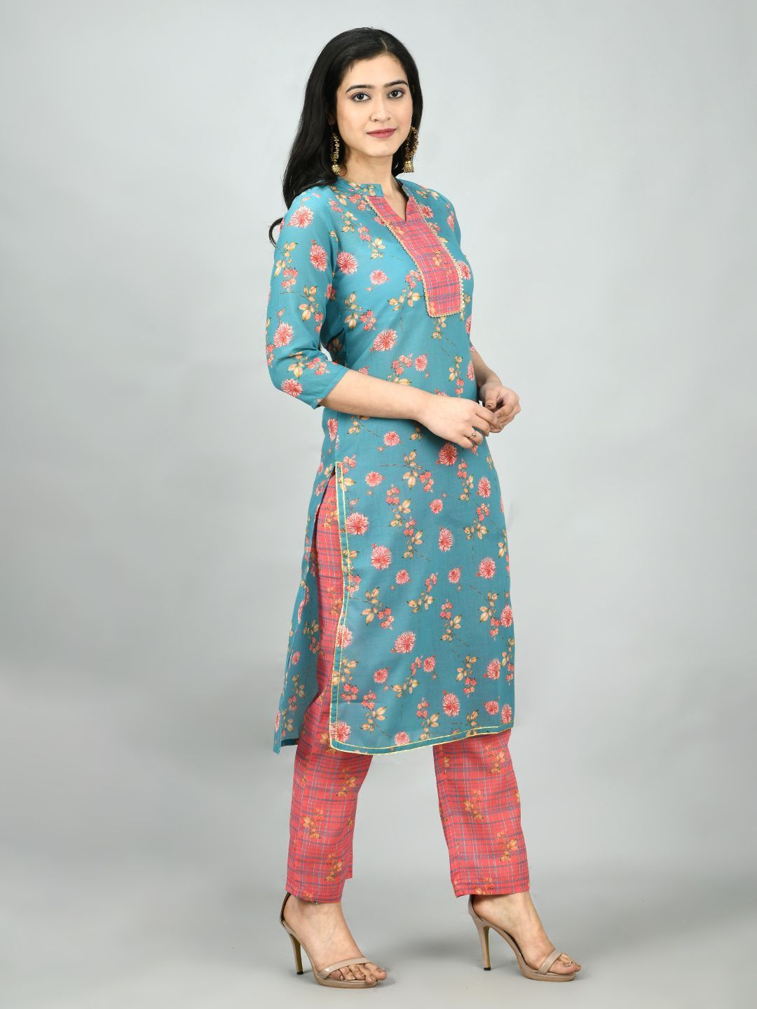 Women's Multi Poly Cotton Printed 3/4 Sleeve Mandarin Neck Casual Kurta Pant Set - Myshka
