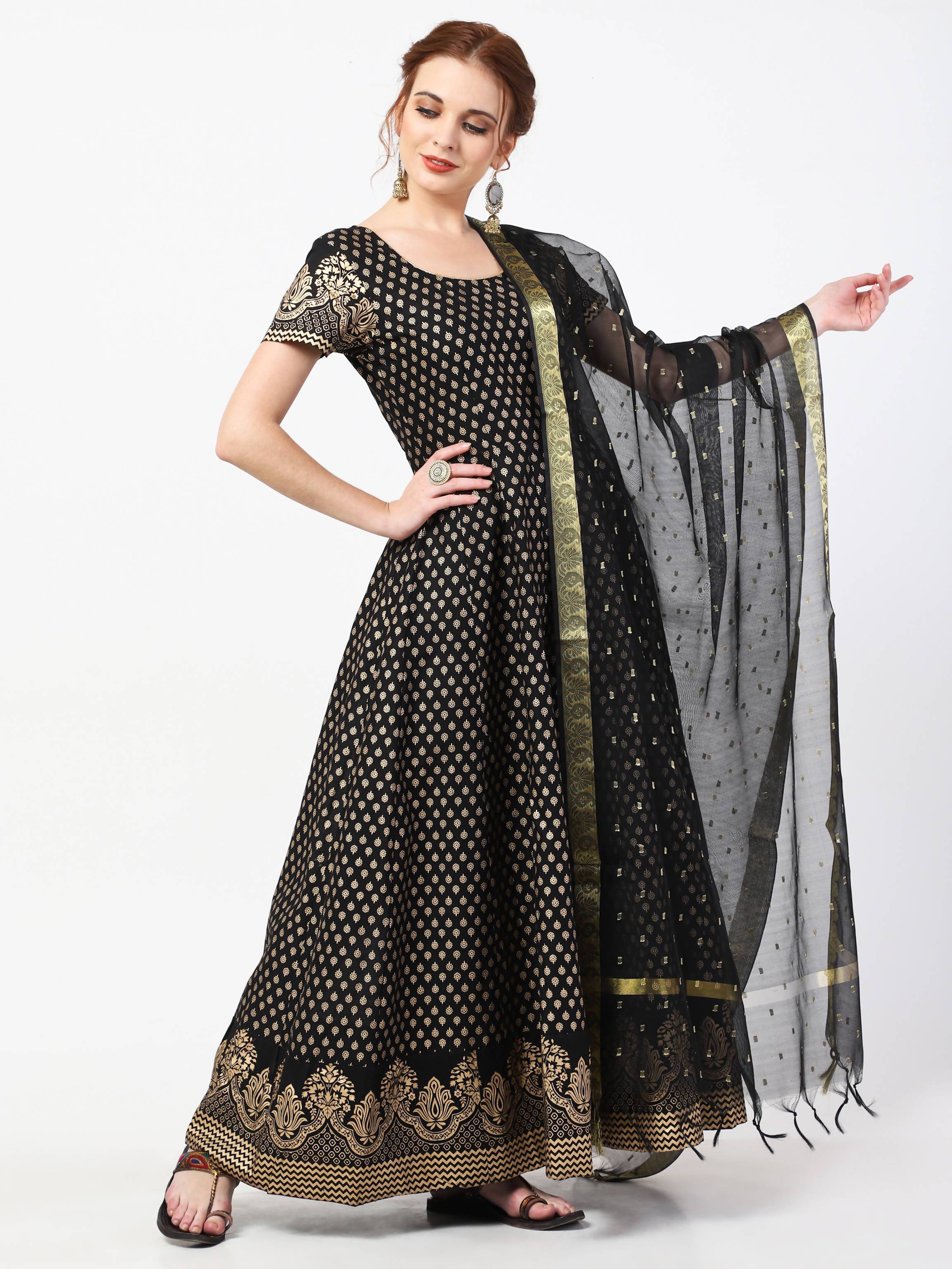 Women's Black Cotton Hand Block Print Long Dress With Silk Dupatta Set - Cheera
