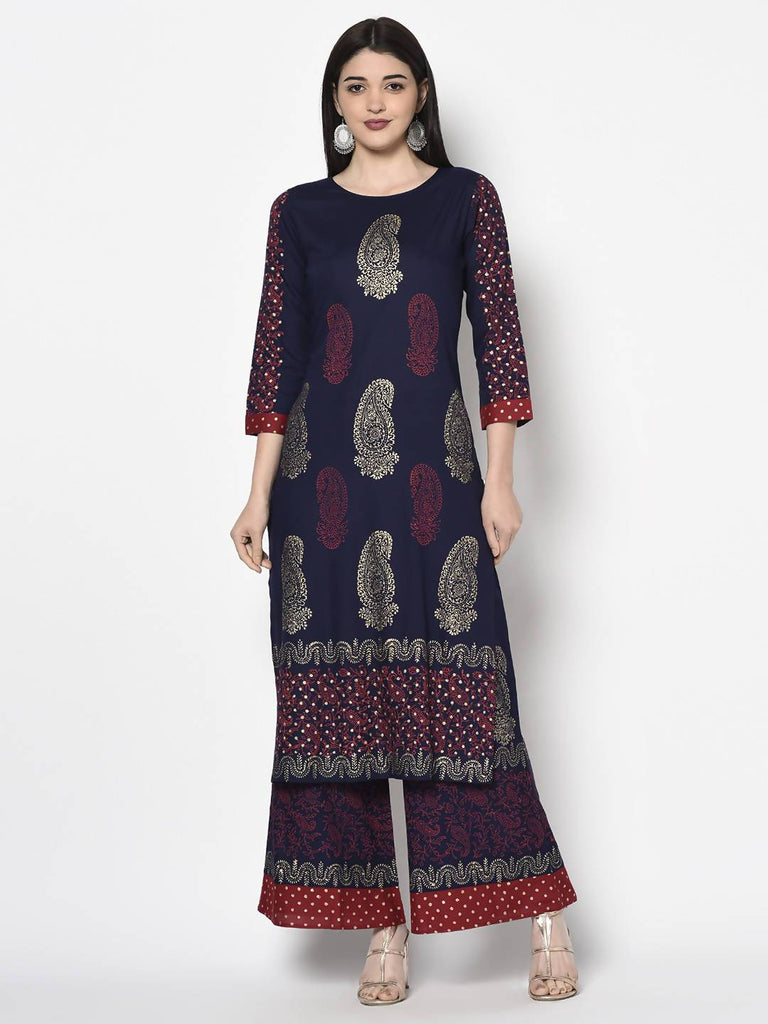 Women's Navy Blue Rayon Block print straight kurta Palazzo set