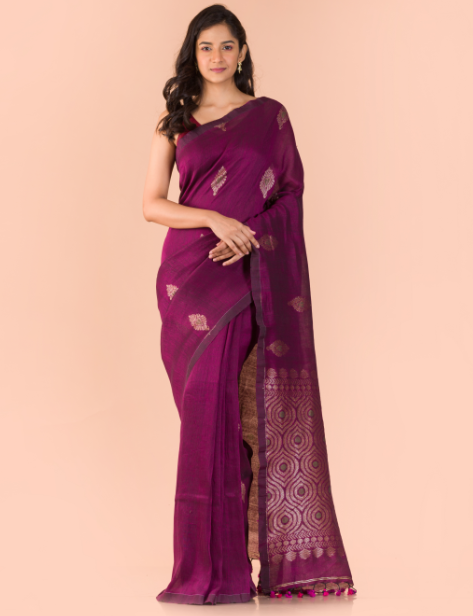 Women's Purple handwoven line saree - Angoshobha
