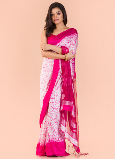 Women's Pink matka silk jamdani saree - Angoshobha
