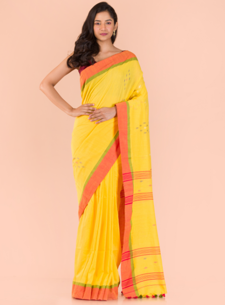 Women's Yellow handwoven cotton saree - Angoshobha